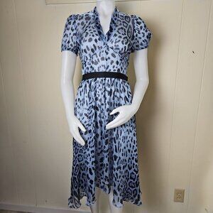 Dolce & Gabbana Silk Chiffon Midi Dress Womens 36 Blue Leopard Short Puff Sleeve